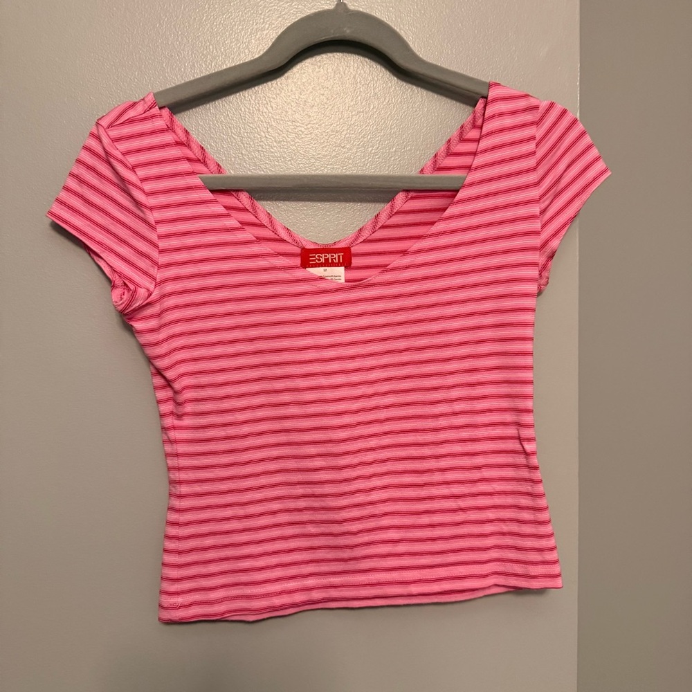 Y2K Esprit Pink and White Cap Sleeve Crop Top Size Medium